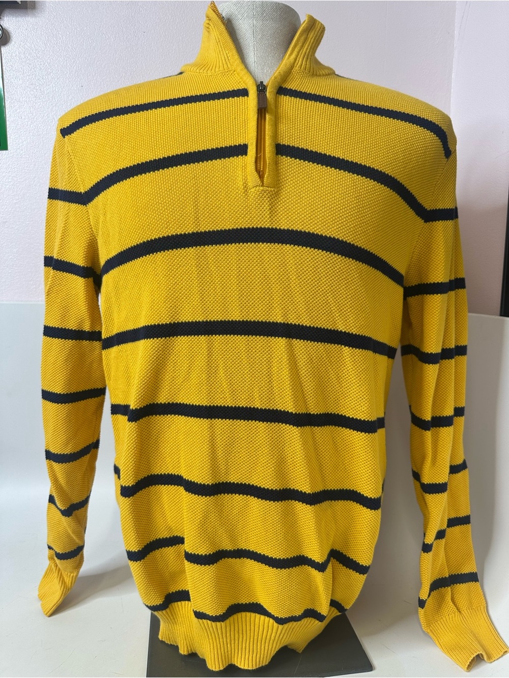Club Room Yellow and Navy Striped Half-Zip Sweater